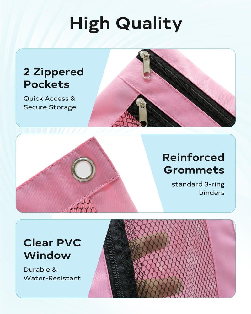 ASBEFORE Pink Pencil Pouch for 3 Ring Binder - Zipper Pencil Case Bag Holder Bulk Accessories, Small Clear Window Aesthetic Organizer Pockets 3 Hole School Essentials - Image 3